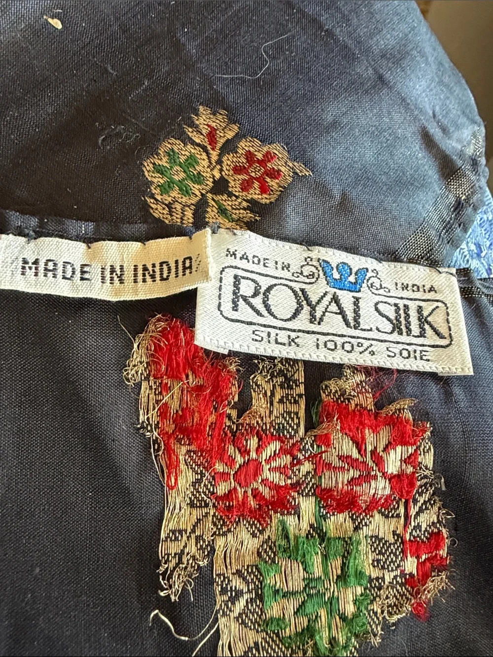 Black Floral Embroidered Silk Scarf with Gold Trim